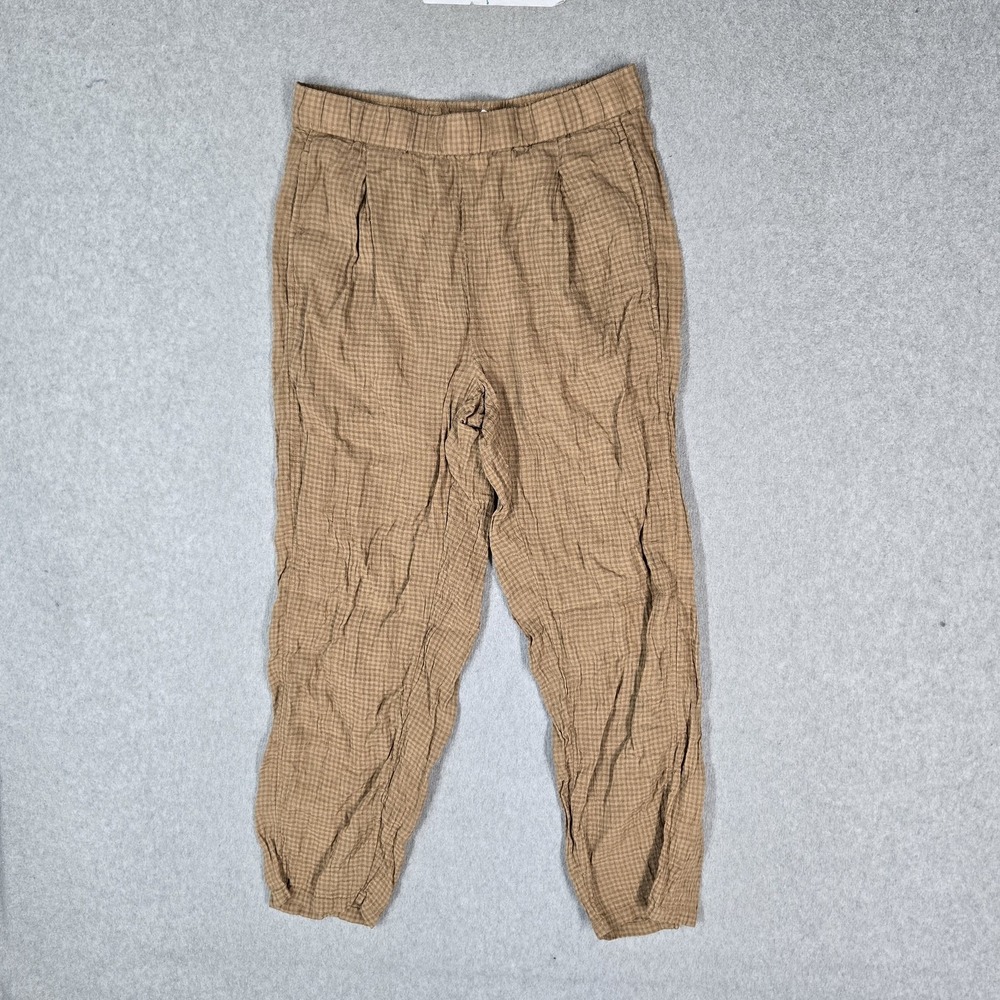 Eileen Fisher Women Pants XS Brown Plaid Gingham 100% Organic Linen Cropped 24"